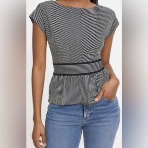 Monteau Los Angeles Striped Peplum Top Black & White‎ Ruched Retro Small